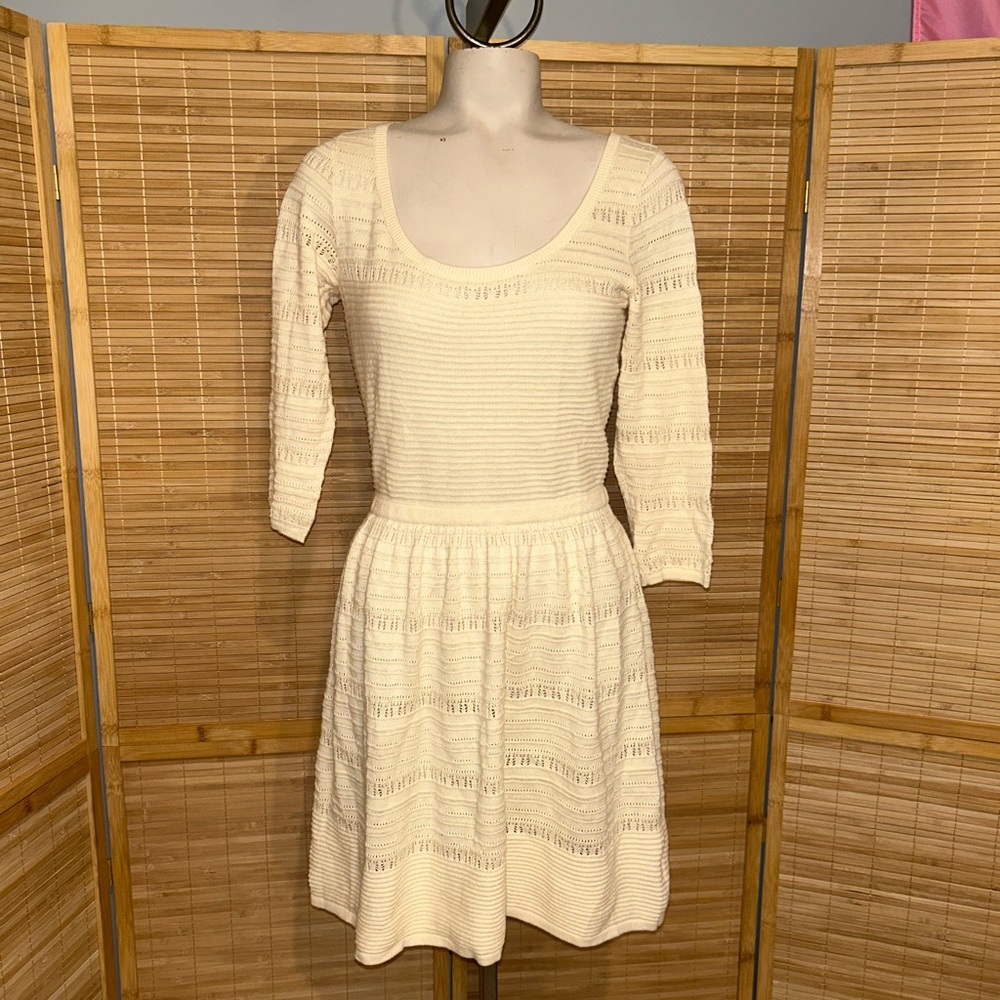 American Eagle cream Knit Fit Flare tunic dress 3/4 Sleeve Scoop Neck Sweater S